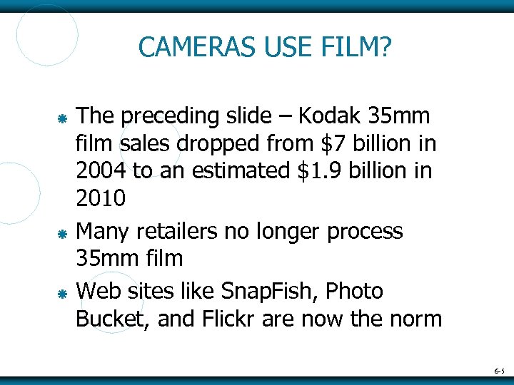 CAMERAS USE FILM? The preceding slide – Kodak 35 mm film sales dropped from