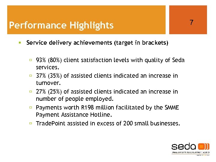 Performance Highlights § Service delivery achievements (target in brackets) 93% (80%) client satisfaction levels