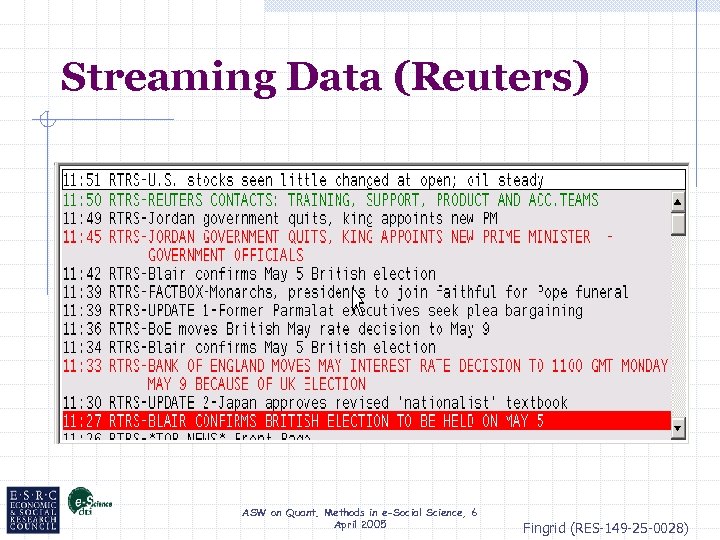 Streaming Data (Reuters) ASW on Quant. Methods in e-Social Science, 6 April 2005 Fingrid