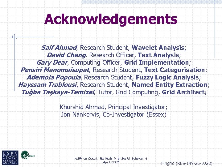 Acknowledgements Saif Ahmad, Research Student, Wavelet Analysis; David Cheng, Research Officer, Text Analysis; Gary