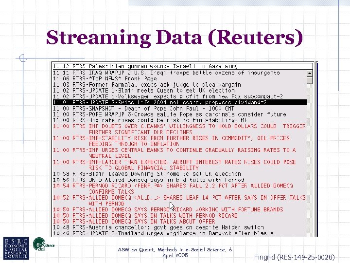 Streaming Data (Reuters) ASW on Quant. Methods in e-Social Science, 6 April 2005 Fingrid