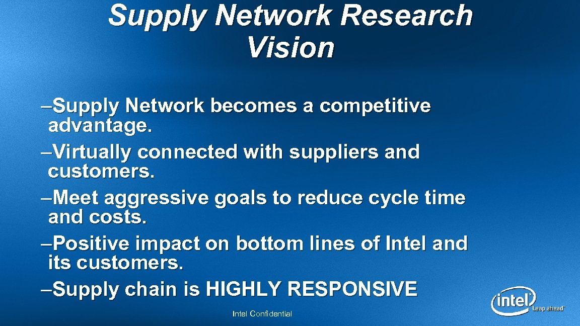 Supply Network Research Vision –Supply Network becomes a competitive advantage. –Virtually connected with suppliers