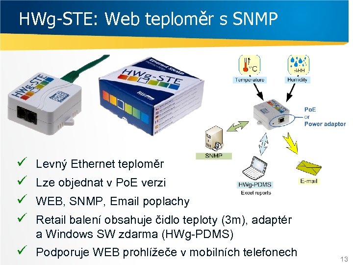 HWg-STE: Web teploměr s SNMP ü ü Levný Ethernet teploměr Lze objednat v Po.