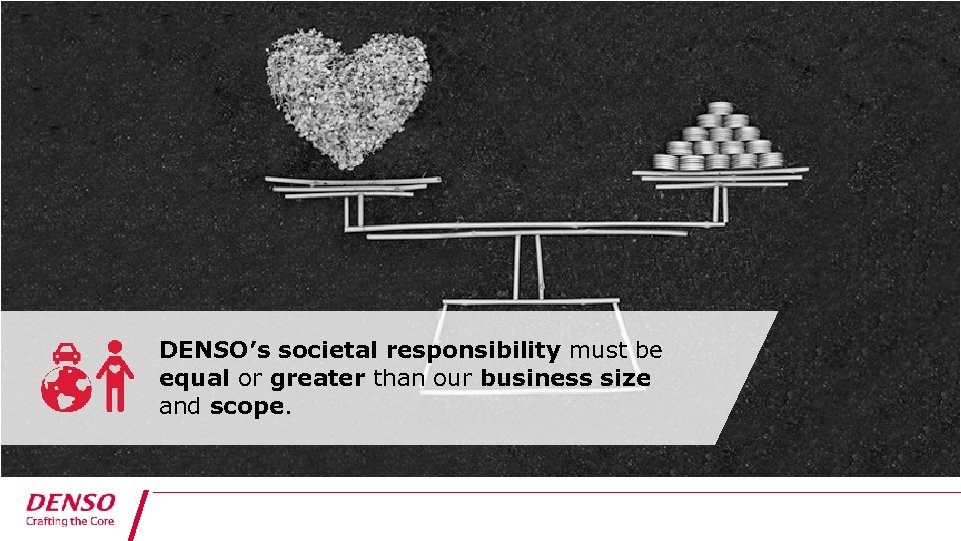 DENSO’s societal responsibility must be equal or greater than our business size and scope.