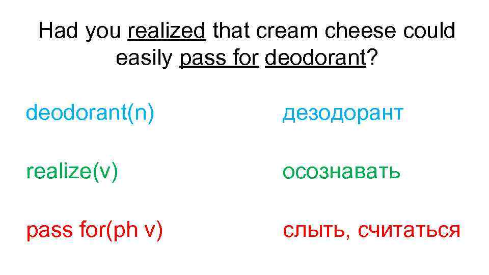 Had you realized that cream cheese could easily pass for deodorant? deodorant(n) дезодорант realize(v)