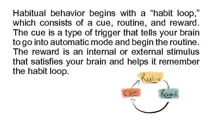 Habitual behavior begins with a “habit loop, ” which consists of a cue, routine,