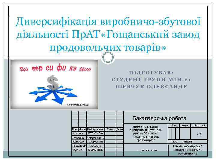 Диверсифікація виробничо-збутової діяльності Пр. АТ «Гощанський завод продовольчих товарів» ПІДГОТУВАВ: СТУДЕНТ ГРУПИ МІН-21 ШЕВЧУК