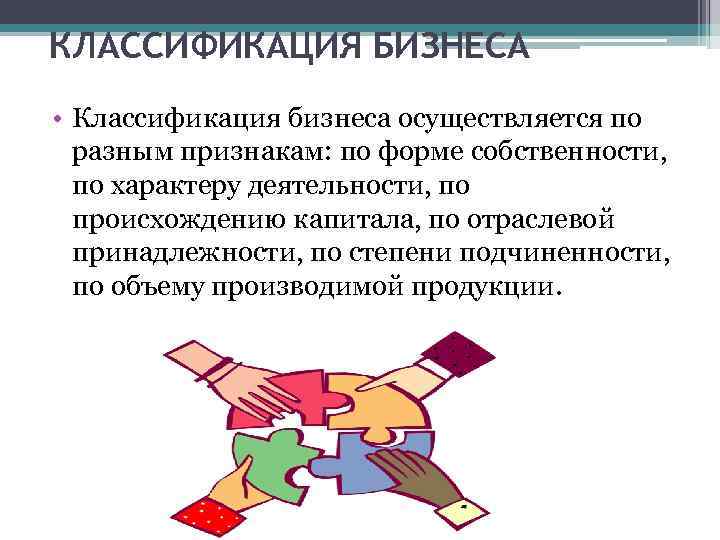 КЛАССИФИКАЦИЯ БИЗНЕСА • Классификация бизнеса осуществляется по разным признакам: по форме собственности, по характеру