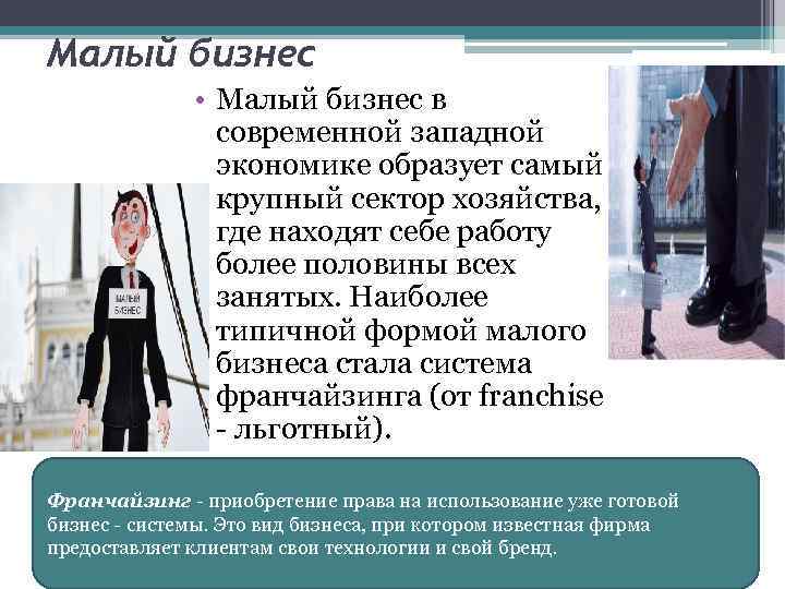 Малый бизнес • Малый бизнес в современной западной экономике образует самый крупный сектор хозяйства,