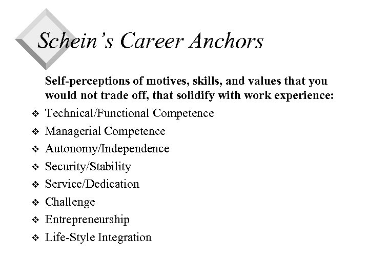 Schein’s Career Anchors v v v v Self-perceptions of motives, skills, and values that