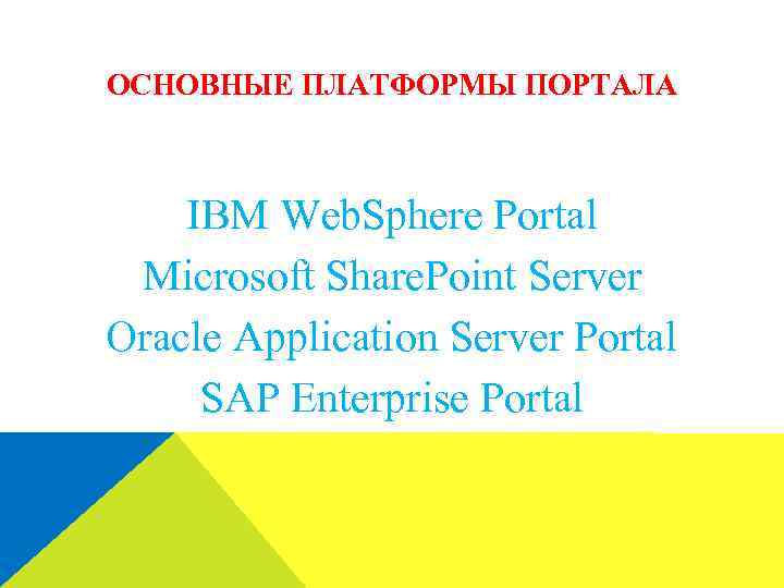 ОСНОВНЫЕ ПЛАТФОРМЫ ПОРТАЛА IBM Web. Sphere Portal Microsoft Share. Point Server Oracle Application Server