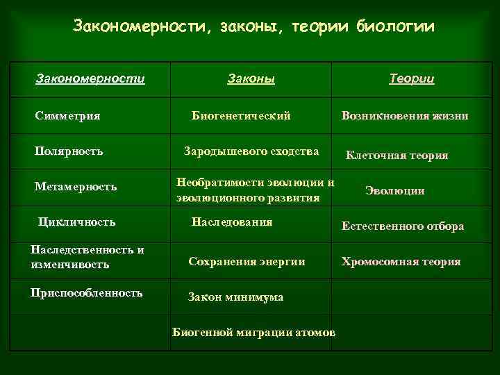 Закономерности, законы, теории биологии Закономерности Симметрия Полярность Метамерность Цикличность Законы Биогенетический Теории Возникновения жизни