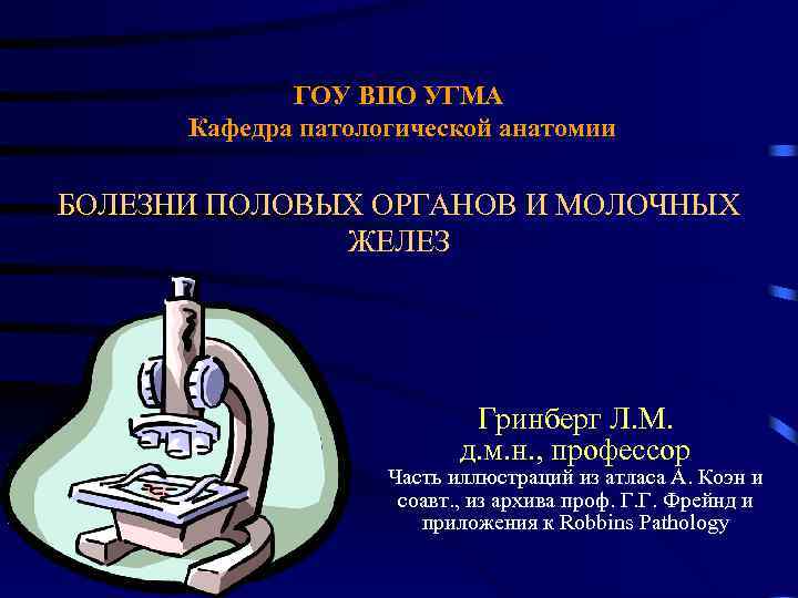 ГОУ ВПО УГМА Кафедра патологической анатомии БОЛЕЗНИ ПОЛОВЫХ ОРГАНОВ И МОЛОЧНЫХ ЖЕЛЕЗ Гринберг Л.