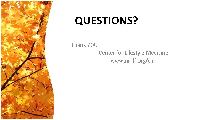 QUESTIONS? Thank YOU! Center for Lifestyle Medicine www. nmff. org/clm 