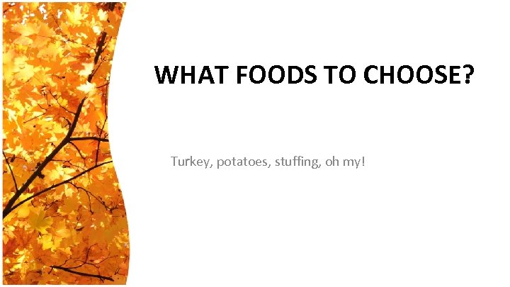 WHAT FOODS TO CHOOSE? Turkey, potatoes, stuffing, oh my! 