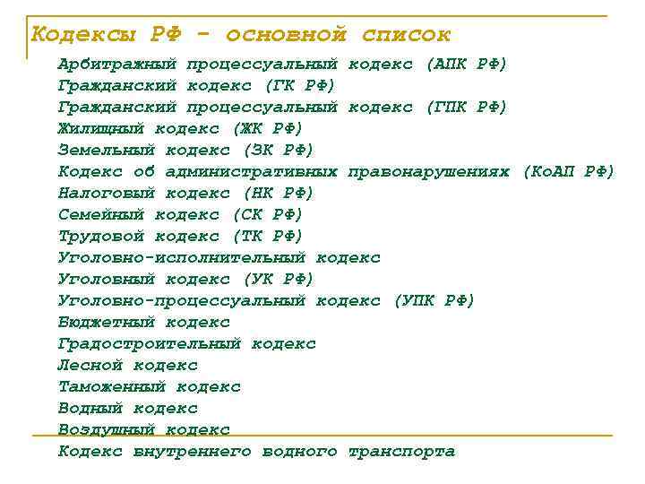 Кодексы РФ - основной список Арбитражный процессуальный кодекс (АПК РФ) Гражданский кодекс (ГК РФ)