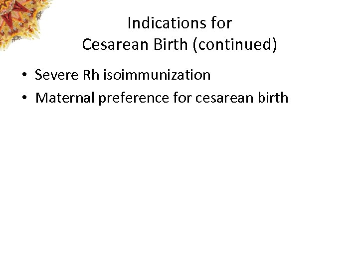 Indications for Cesarean Birth (continued) • Severe Rh isoimmunization • Maternal preference for cesarean