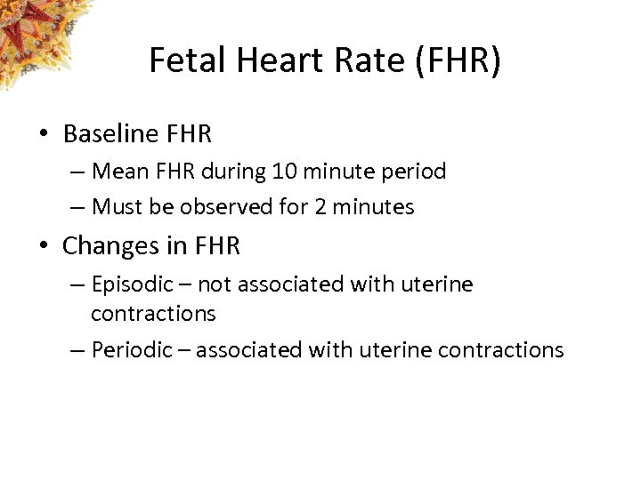 Fetal Heart Rate (FHR) • Baseline FHR – Mean FHR during 10 minute period