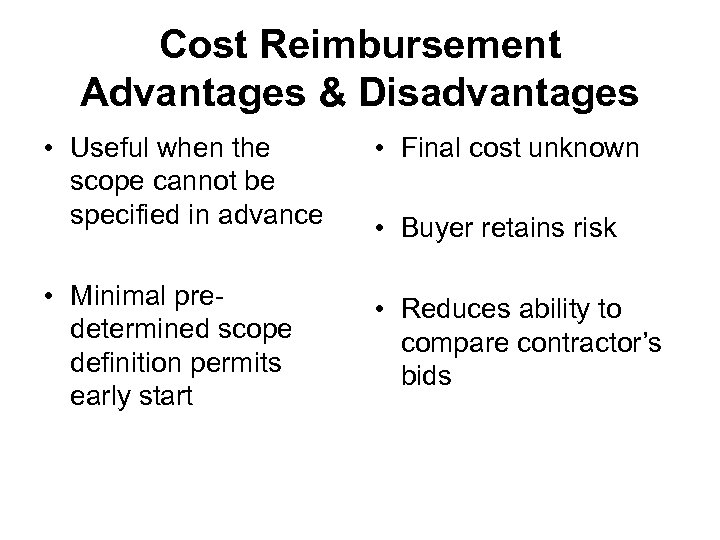 Cost Reimbursement Advantages & Disadvantages • Useful when the scope cannot be specified in