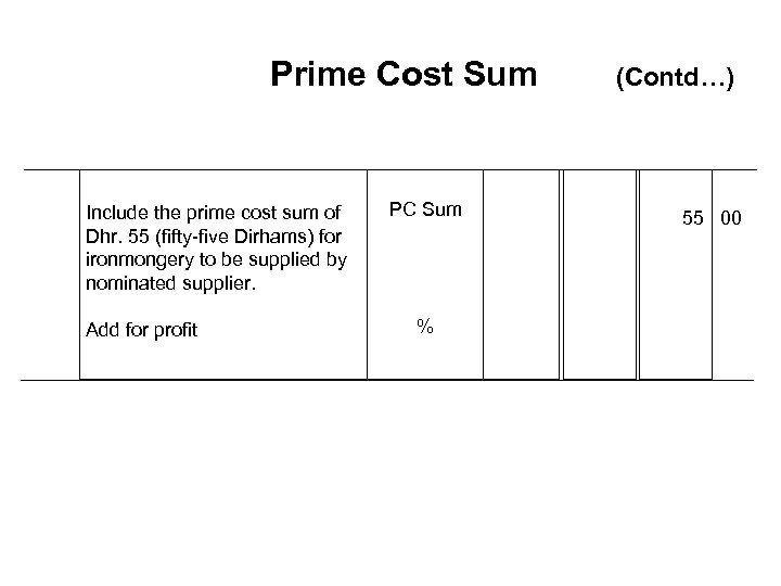 Prime Cost Sum Include the prime cost sum of Dhr. 55 (fifty-five Dirhams) for