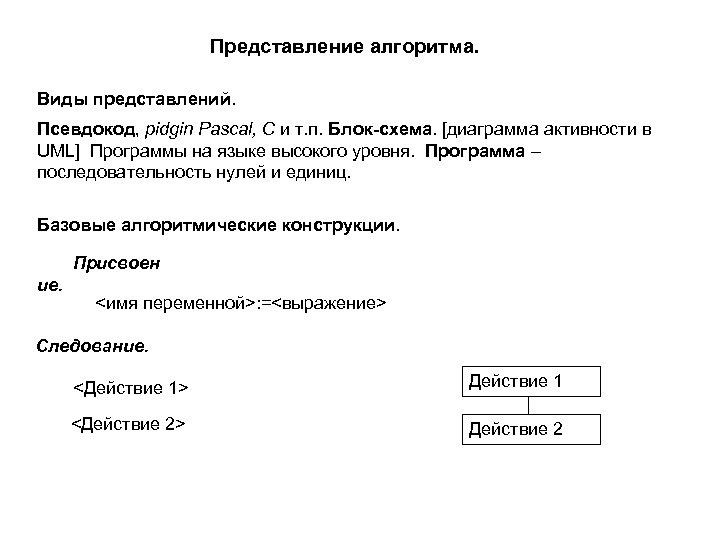 Представление алгоритма. Виды представлений. Псевдокод, pidgin Pascal, C и т. п. Блок-схема. [диаграмма активности