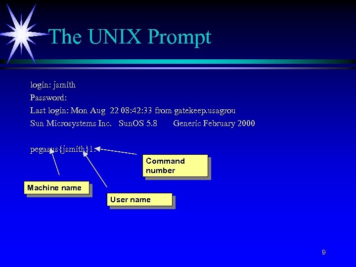 The UNIX Prompt login: jsmith Password: Last login: Mon Aug 22 08: 42: 33