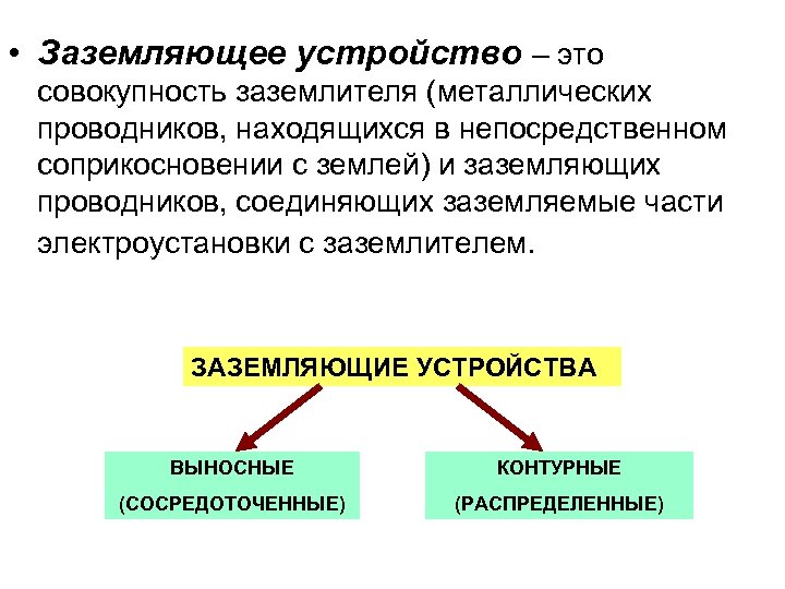  • Заземляющее устройство – это совокупность заземлителя (металлических проводников, находящихся в непосредственном соприкосновении