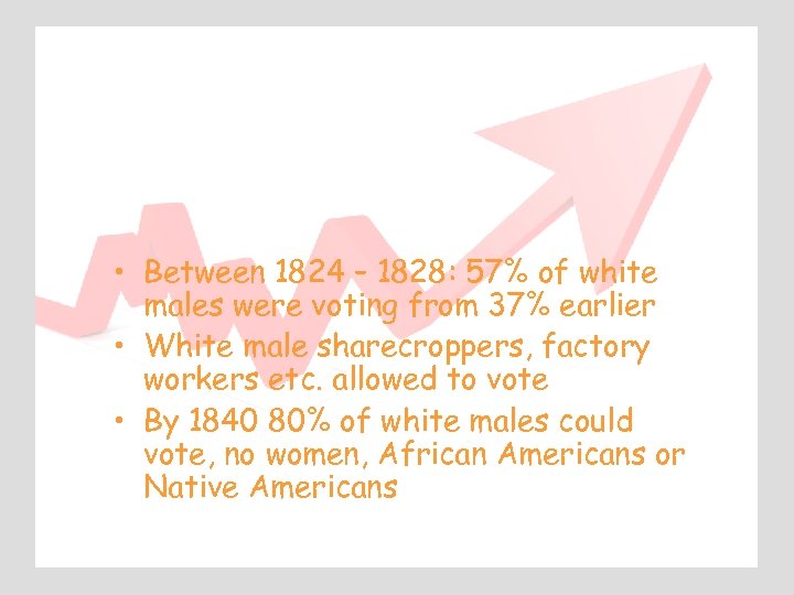  • Between 1824 – 1828: 57% of white males were voting from 37%