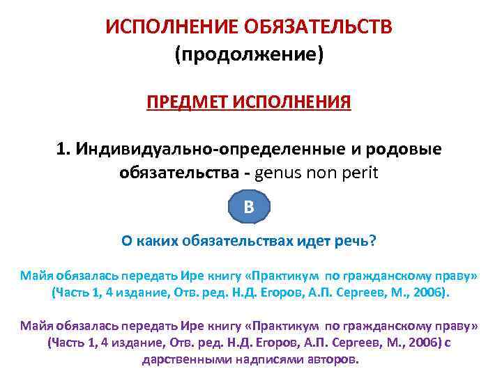 ИСПОЛНЕНИЕ ОБЯЗАТЕЛЬСТВ (продолжение) ПРЕДМЕТ ИСПОЛНЕНИЯ 1. Индивидуально-определенные и родовые обязательства - genus non perit