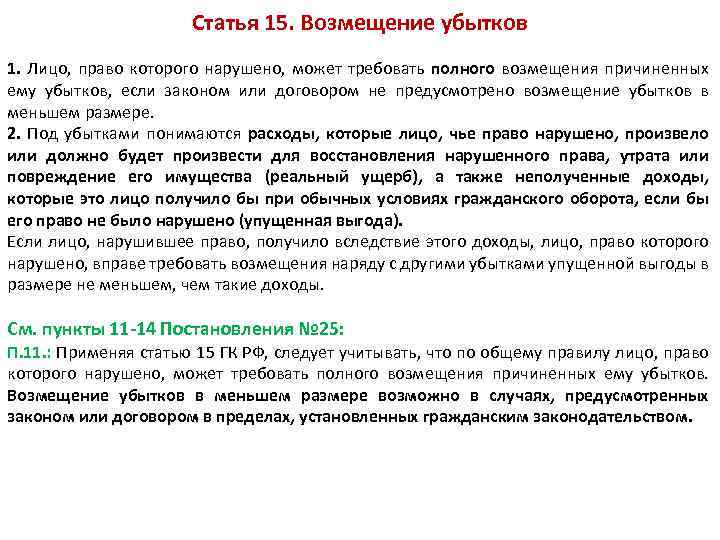 Статья 15. Возмещение убытков 1. Лицо, право которого нарушено, может требовать полного возмещения причиненных