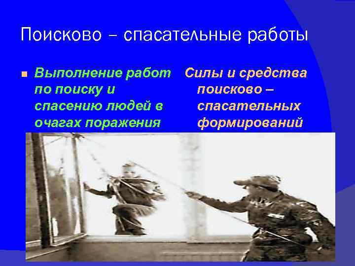 Поисково – спасательные работы Выполнение работ Силы и средства по поиску и поисково –