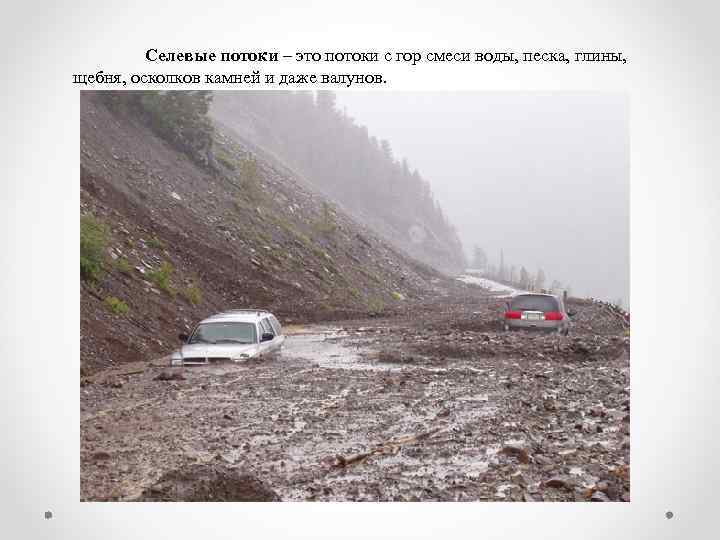 Селевые потоки – это потоки с гор смеси воды, песка, глины, щебня, осколков камней