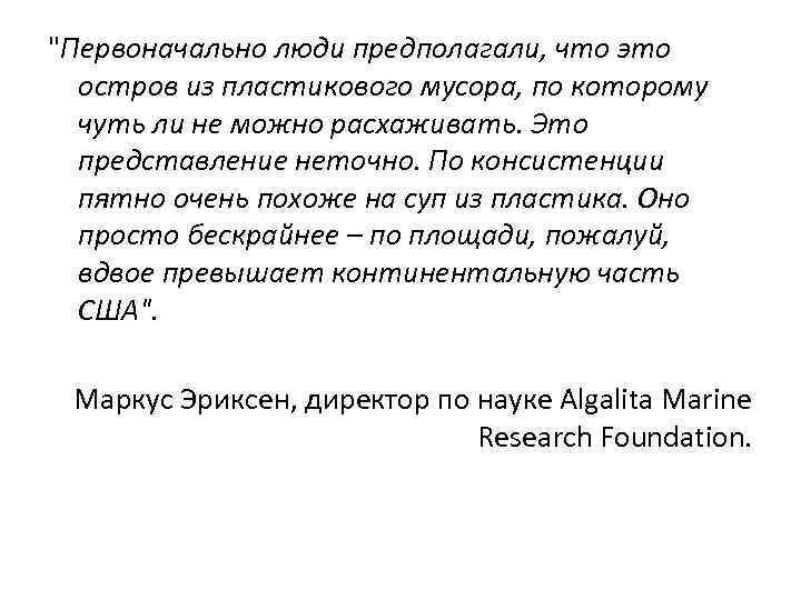 "Первоначально люди предполагали, что это остров из пластикового мусора, по которому чуть ли не