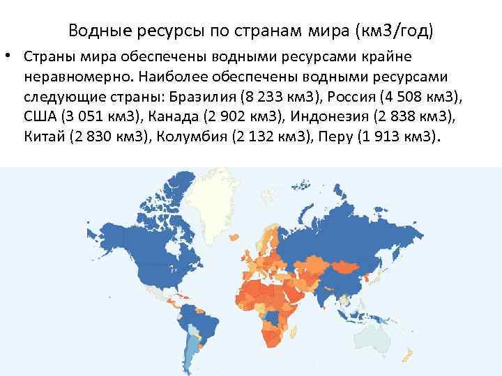 Водные ресурсы по странам мира (км 3/год) • Страны мира обеспечены водными ресурсами крайне