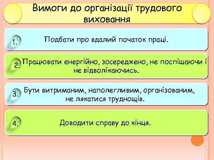 Вимоги до організації трудового виховання 1. 2. Подбати про вдалий початок праці. Працювати енергійно,