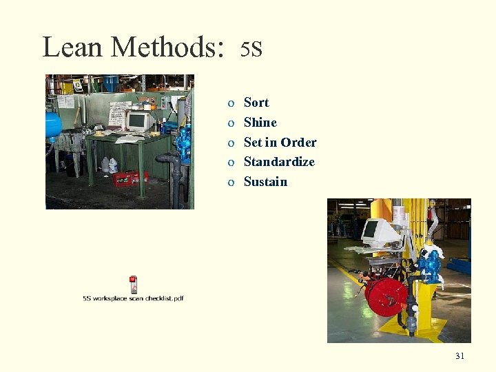 Lean Methods: 5 S o Sort o Shine o Set in Order o Standardize