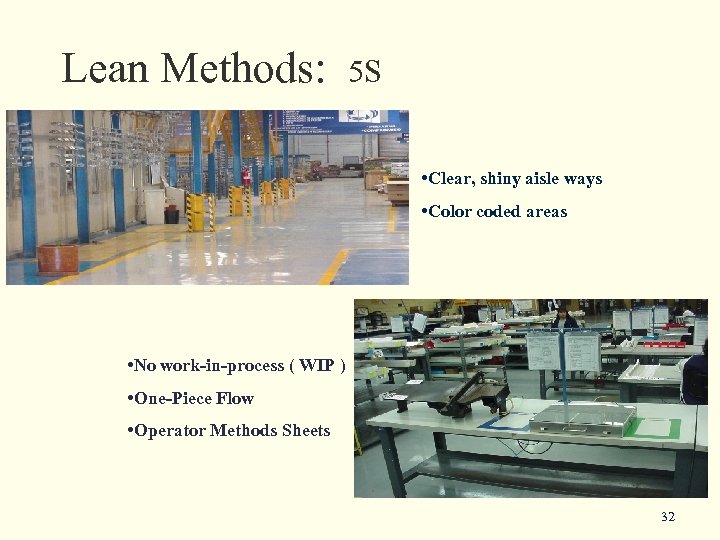 Lean Methods: 5 S • Clear, shiny aisle ways • Color coded areas •