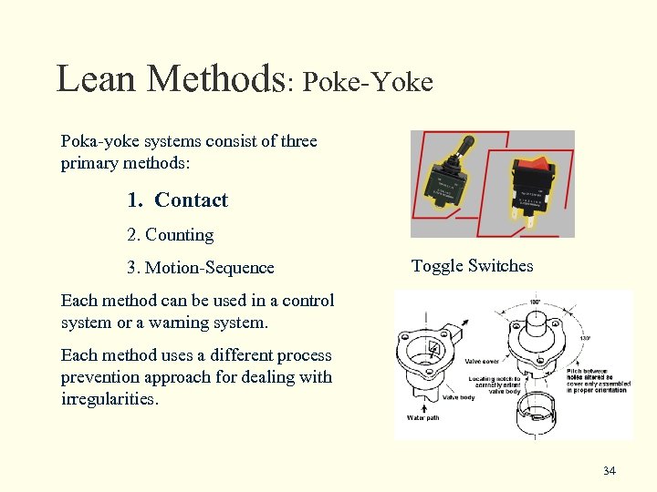 Lean Methods: Poke-Yoke Poka-yoke systems consist of three primary methods: 1. Contact 2. Counting