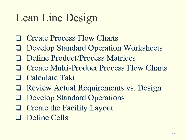Lean Line Design q q q q q Create Process Flow Charts Develop Standard