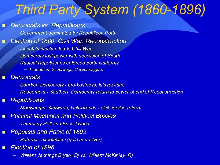 Third Party System (1860 -1896) n Democrats vs. Republicans – Government dominated by Republican