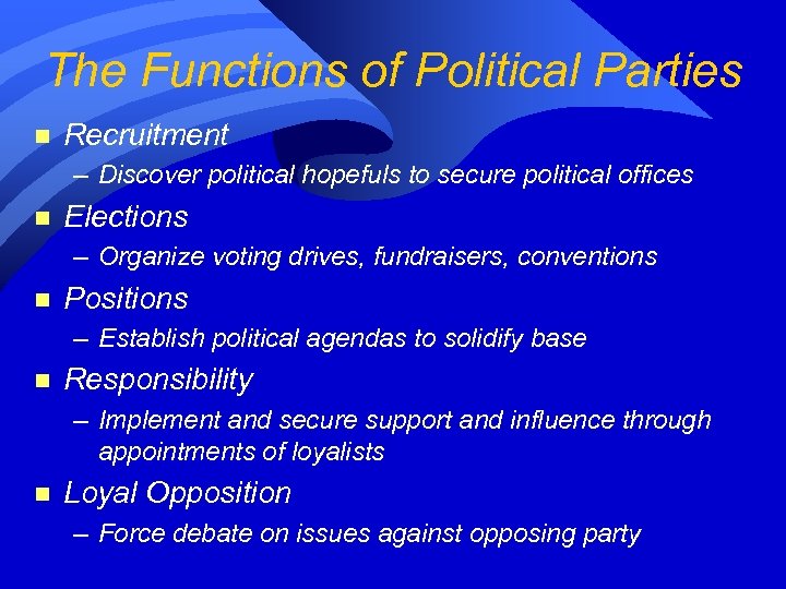 The Functions of Political Parties n Recruitment – Discover political hopefuls to secure political