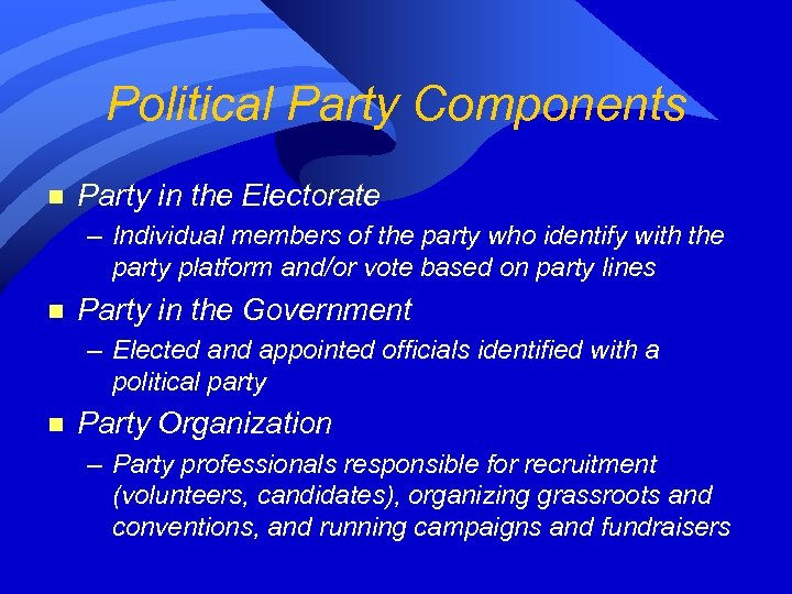 Political Party Components n Party in the Electorate – Individual members of the party