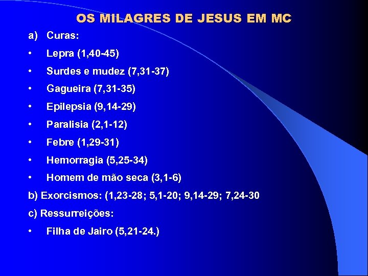 OS MILAGRES DE JESUS EM MC a) Curas: • Lepra (1, 40 -45) •