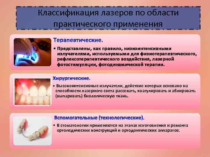 Классификация лазеров по области практического применения • Представлены, как правило, низкоинтенсивными излучателями, используемыми для
