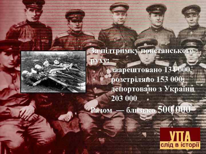 За підтримку повстанського руху: заарештовано 134 000, розстріляно 153 000, депортовано з України 203