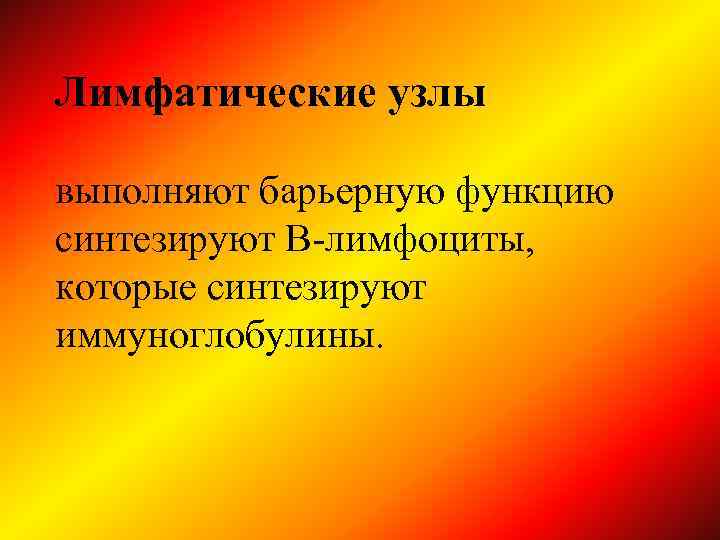 Лимфатические узлы выполняют барьерную функцию синтезируют В-лимфоциты, которые синтезируют иммуноглобулины. 