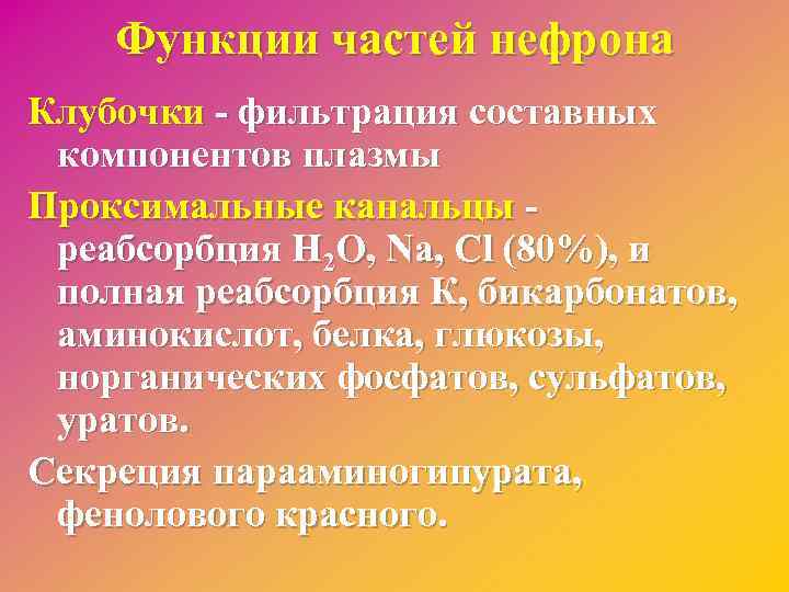 Функции частей нефрона Клубочки - фильтрация составных компонентов плазмы Проксимальные канальцы реабсорбция Н 2