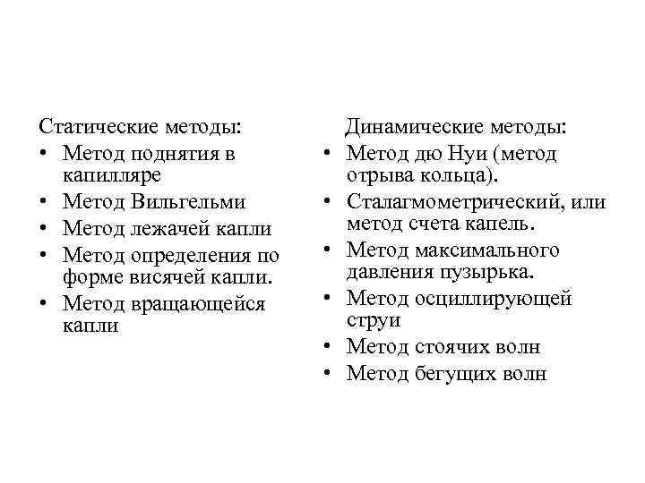 Статические методы: • Метод поднятия в капилляре • Метод Вильгельми • Метод лежачей капли