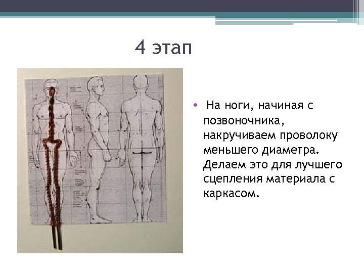 4 этап • На ноги, начиная с позвоночника, накручиваем проволоку меньшего диаметра. Делаем это