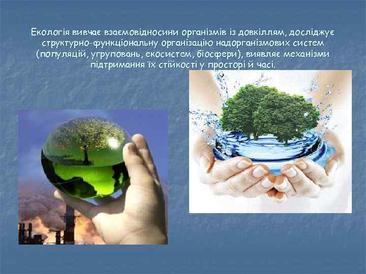 Екологія вивчає взаємовідносини організмів із довкіллям, досліджує структурно-функціональну організацію надорганізмових систем (популяцій, угруповань, екосистем,